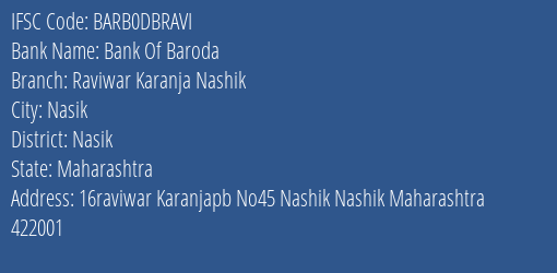 Bank Of Baroda Raviwar Karanja Nashik Branch Nasik IFSC Code BARB0DBRAVI