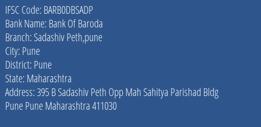 Bank Of Baroda Sadashiv Peth Pune Branch, Branch Code DBSADP & IFSC Code Barb0dbsadp