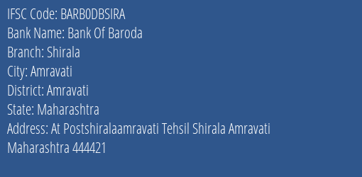 Bank Of Baroda Shirala Branch Amravati IFSC Code BARB0DBSIRA