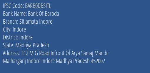 Bank Of Baroda Sitlamata Indore Branch Indore IFSC Code BARB0DBSITL