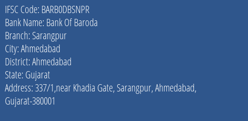 Bank Of Baroda Sarangpur Branch, Branch Code DBSNPR & IFSC Code BARB0DBSNPR