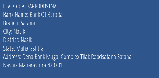 Bank Of Baroda Satana Branch Nasik IFSC Code BARB0DBSTNA