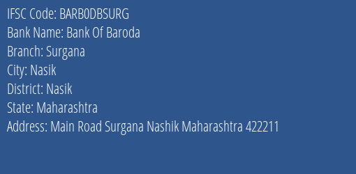 Bank Of Baroda Surgana Branch Nasik IFSC Code BARB0DBSURG