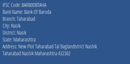 Bank Of Baroda Taharabad Branch Nasik IFSC Code BARB0DBTAHA