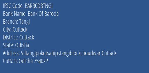 Bank Of Baroda Tangi Branch, Branch Code DBTNGI & IFSC Code BARB0DBTNGI