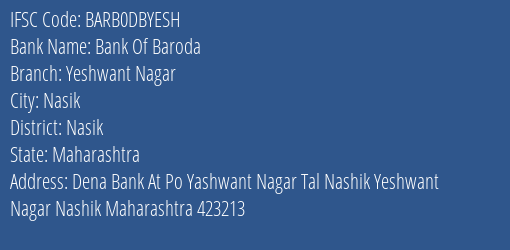 Bank Of Baroda Yeshwant Nagar Branch Nasik IFSC Code BARB0DBYESH