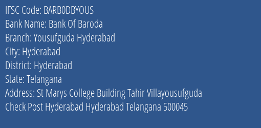 Bank Of Baroda Yousufguda Hyderabad Branch Hyderabad IFSC Code BARB0DBYOUS