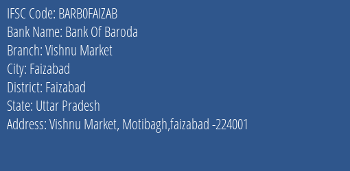 Bank Of Baroda Vishnu Market Branch Faizabad IFSC Code BARB0FAIZAB