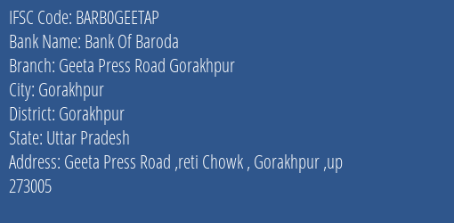 Bank Of Baroda Geeta Press Road Gorakhpur Branch Gorakhpur IFSC Code BARB0GEETAP