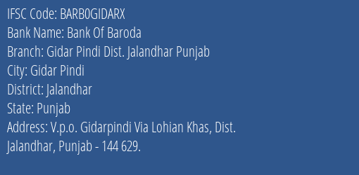 Bank Of Baroda Gidar Pindi Dist. Jalandhar Punjab Branch, Branch Code GIDARX & IFSC Code BARB0GIDARX