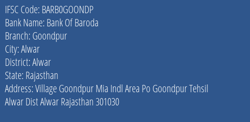 Bank Of Baroda Goondpur Branch Alwar IFSC Code BARB0GOONDP
