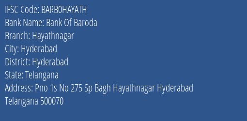 Bank Of Baroda Hayathnagar Branch Hyderabad IFSC Code BARB0HAYATH