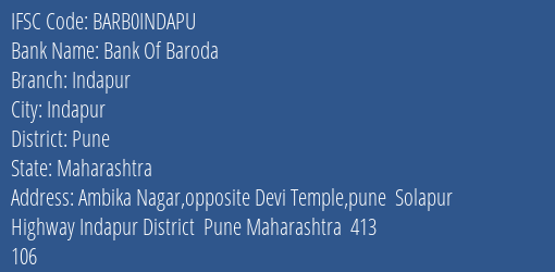 Bank Of Baroda Indapur Branch, Branch Code INDAPU & IFSC Code Barb0indapu