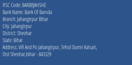 Bank Of Baroda Jahangirpur Bihar Branch IFSC Code