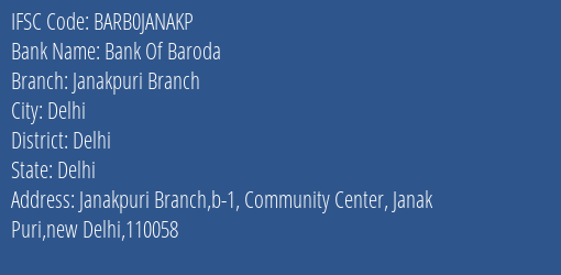 Bank Of Baroda Janakpuri Branch Branch IFSC Code