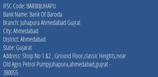 Bank Of Baroda Juhapura Ahmedabad Gujrat Branch, Branch Code JUHAPU & IFSC Code BARB0JUHAPU