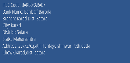 Bank Of Baroda Karad Dist. Satara Branch, Branch Code KARADX & IFSC Code Barb0karadx