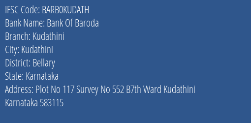 Bank Of Baroda Kudathini Branch Bellary IFSC Code BARB0KUDATH