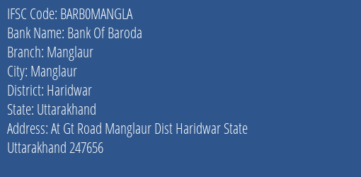 Bank Of Baroda Manglaur Branch Haridwar IFSC Code BARB0MANGLA