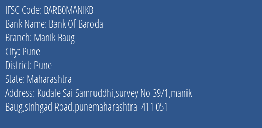 Bank Of Baroda Manik Baug Branch, Branch Code MANIKB & IFSC Code Barb0manikb