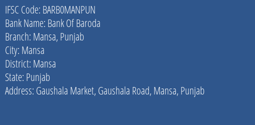 Bank Of Baroda Mansa Punjab Branch Mansa IFSC Code BARB0MANPUN