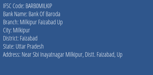 Bank Of Baroda Milkipur Faizabad Up Branch Faizabad IFSC Code BARB0MILKIP