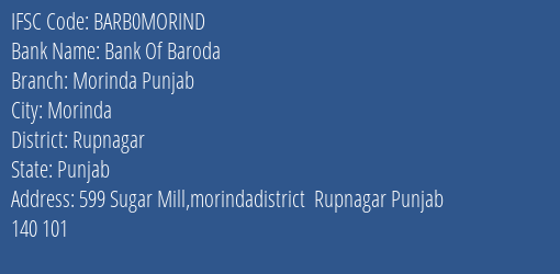 Bank Of Baroda Morinda Punjab Branch Rupnagar IFSC Code BARB0MORIND