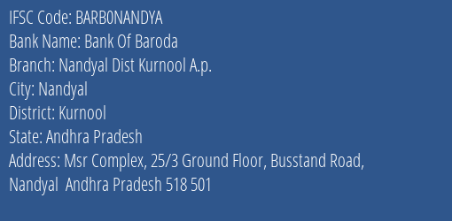 Bank Of Baroda Nandyal Dist Kurnool A.p. Branch IFSC Code