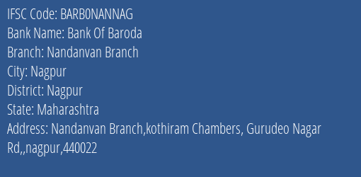 Bank Of Baroda Nandanvan Branch Branch Nagpur IFSC Code BARB0NANNAG