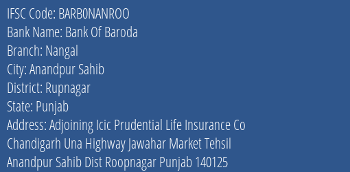 Bank Of Baroda Nangal Branch Rupnagar IFSC Code BARB0NANROO