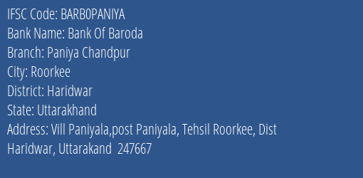 Bank Of Baroda Paniya Chandpur Branch Haridwar IFSC Code BARB0PANIYA