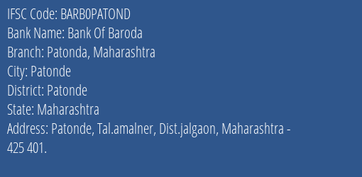 Bank Of Baroda Patonda Maharashtra Branch Patonde IFSC Code BARB0PATOND