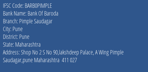 Bank Of Baroda Pimple Saudagar Branch Pune IFSC Code BARB0PIMPLE