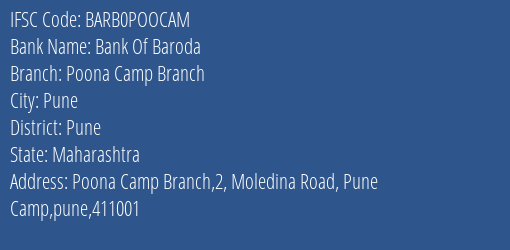 Bank Of Baroda Poona Camp Branch Branch Pune IFSC Code BARB0POOCAM