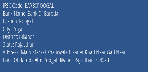 Bank Of Baroda Poogal Branch Bikaner IFSC Code BARB0POOGAL