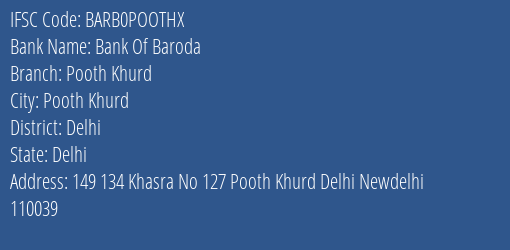 Bank Of Baroda Pooth Khurd Branch, Branch Code POOTHX & IFSC Code BARB0POOTHX