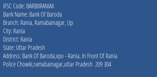 Bank Of Baroda Rania Ramabainagar Up Branch Rania IFSC Code BARB0RANIAX
