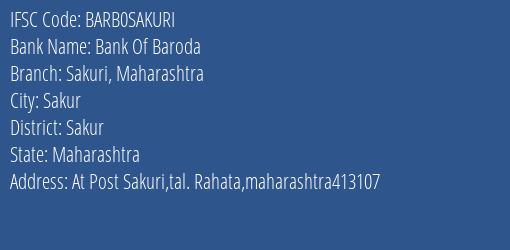 Bank Of Baroda Sakuri Maharashtra Branch, Branch Code SAKURI & IFSC Code Barb0sakuri