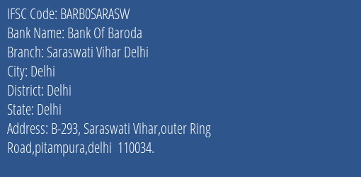 Bank Of Baroda Saraswati Vihar Delhi Branch, Branch Code SARASW & IFSC Code BARB0SARASW