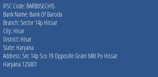 Bank Of Baroda Sector 14p Hissar Branch IFSC Code