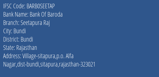 Bank Of Baroda Seetapura Raj Branch, Branch Code SEETAP & IFSC Code Barb0seetap