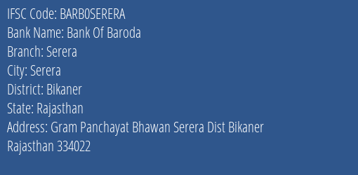 Bank Of Baroda Serera Branch Bikaner IFSC Code BARB0SERERA