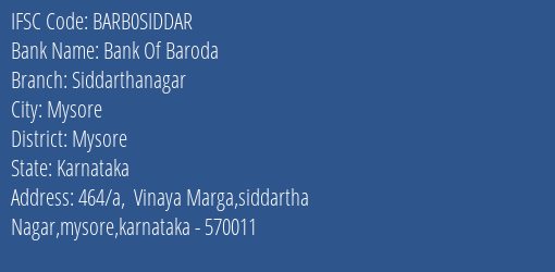 Bank Of Baroda Siddarthanagar Branch Mysore IFSC Code BARB0SIDDAR