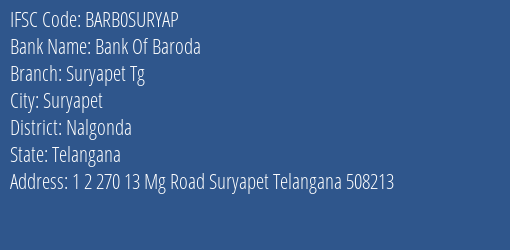 Bank Of Baroda Suryapet Tg Branch Nalgonda IFSC Code BARB0SURYAP