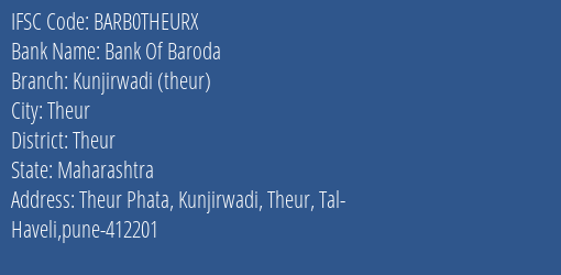 Bank Of Baroda Kunjirwadi Theur Branch, Branch Code THEURX & IFSC Code Barb0theurx