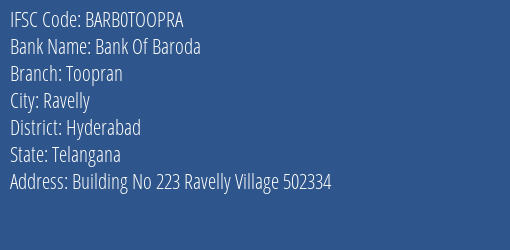 Bank Of Baroda Toopran Branch Hyderabad IFSC Code BARB0TOOPRA