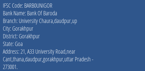 Bank Of Baroda University Chaura Daudpur Up Branch Gorakhpur IFSC Code BARB0UNIGOR