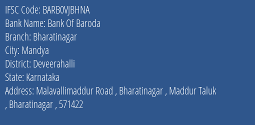 Bank Of Baroda Bharatinagar Branch Deveerahalli IFSC Code BARB0VJBHNA