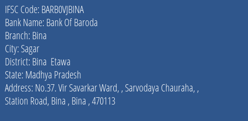 Bank Of Baroda Bina Branch Bina Etawa IFSC Code BARB0VJBINA