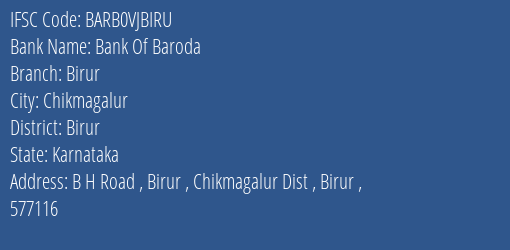 Bank Of Baroda Birur Branch Birur IFSC Code BARB0VJBIRU
